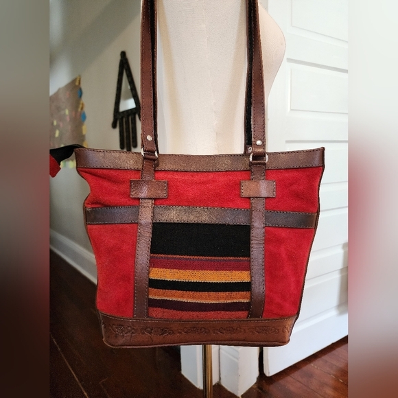 Handcraft Bolivian Red Suede & Brown 100% Leather Tote Bag - Picture 2 of 12